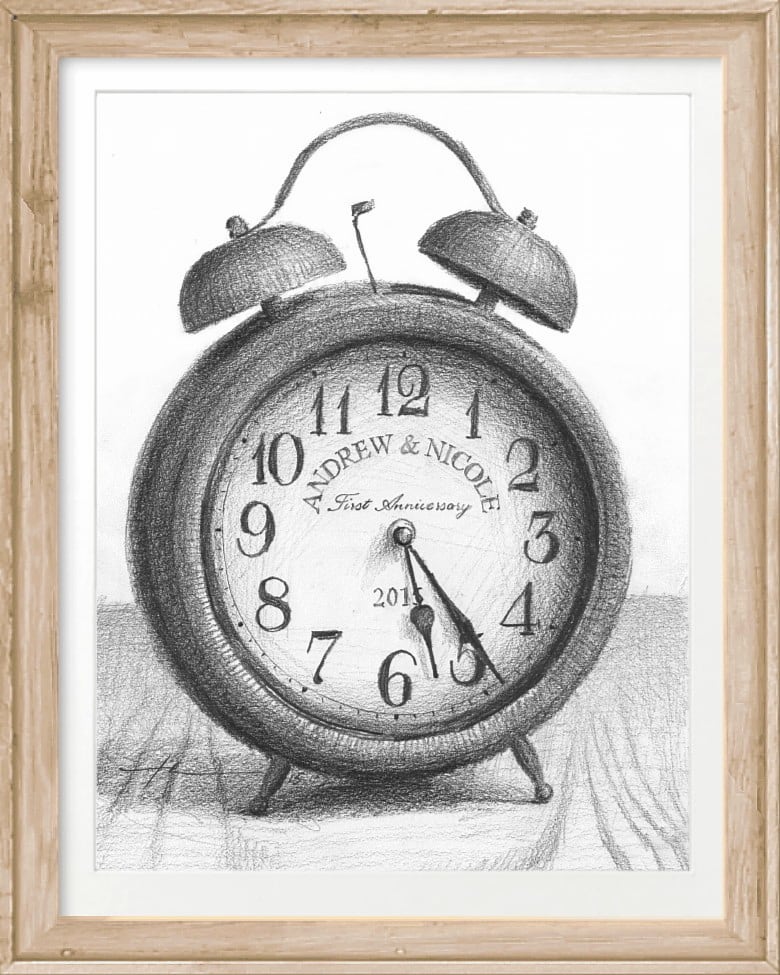 wedding anniversary alarm clock pencil portrait by portrait artist Mike Theuer